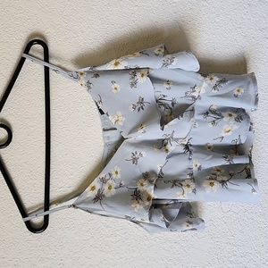 AZALEA Womens Grey/Blue Floral Cropped Top Open-Shoulders Ruffled Sz Medium NWOT